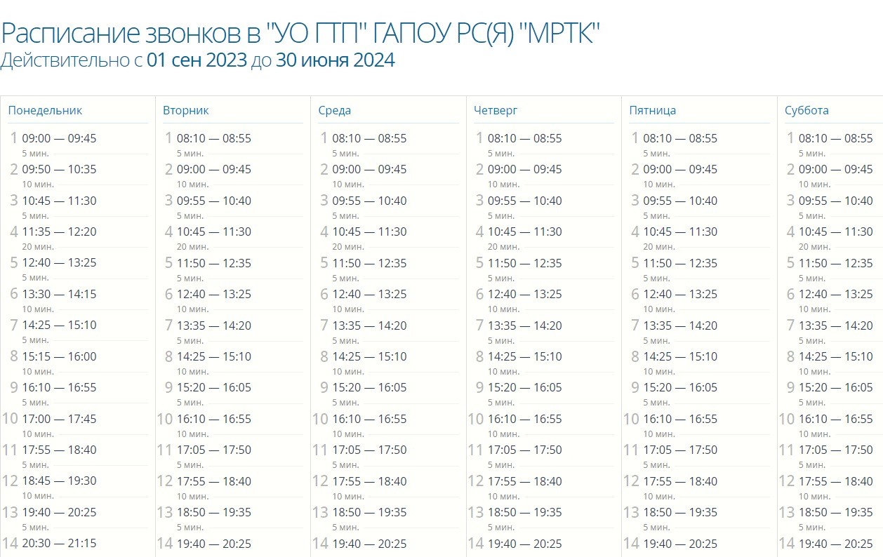 Расписание звонков  «Удачнинского отделения горнотехнической промышленности»